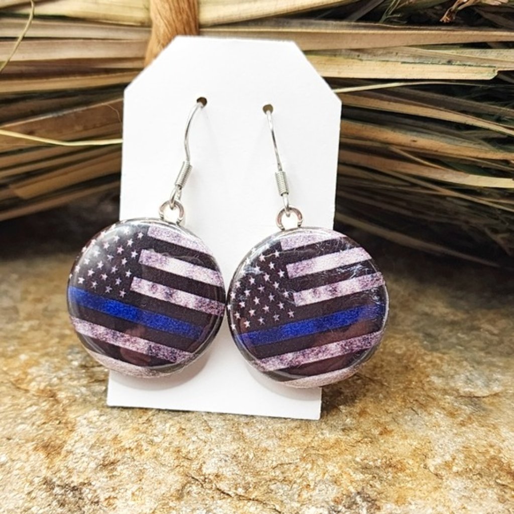 Thin Blue Line Earrings Law Enforcement Police Support Jewelry Dangle Drop Light